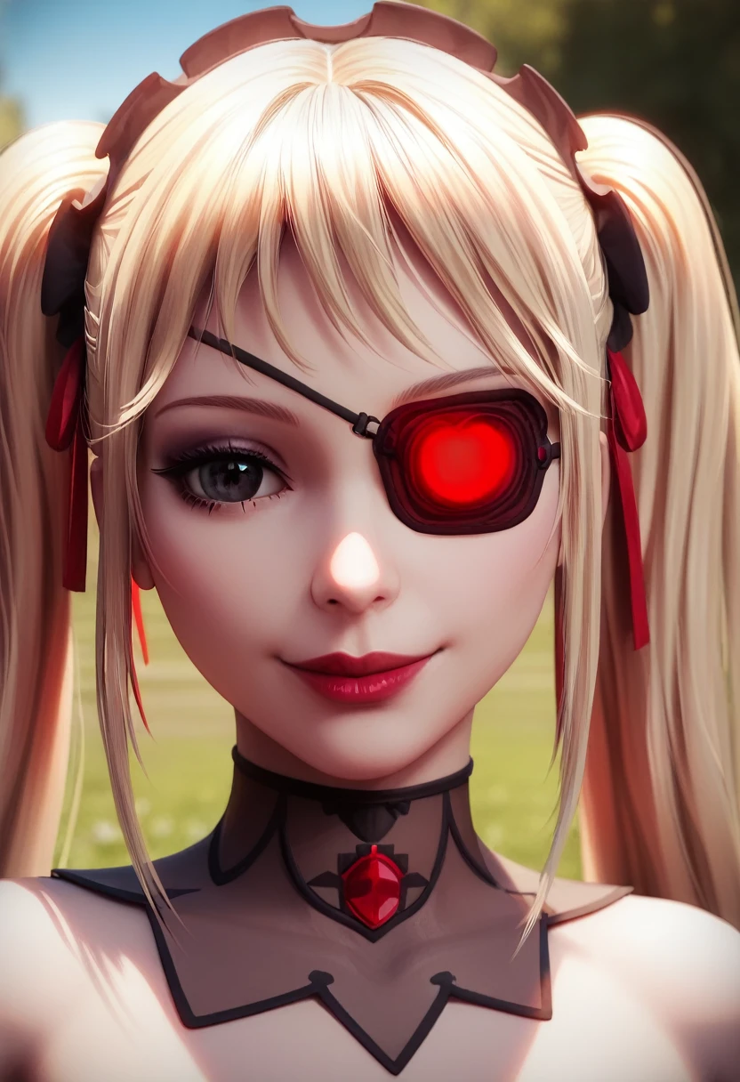 (8k, 4k, best quality, highres, ultra high res:1.1), (masterpiece, realistic, photo-realistic:1.1), 1girl,  face, close-up, twintails, blonde hair, black eyes, red lips,  (looking at viewer:2), absurdly long hair, long eyelashes, eyeshadow,  small face, big eyes,
bare shoulders,
high contrast, masterpiece, best quality, ((dynamic_angle)),outdoors,

1 girl solo,((medical))_eyepatch,red_eyes,loose_hair,very_long_hair,gothic_lolita,hair_flower,glowing_eyes,floating_hair,smile,

