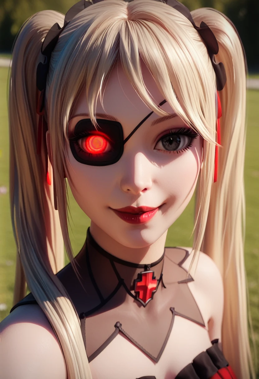 (8k, 4k, best quality, highres, ultra high res:1.1), (masterpiece, realistic, photo-realistic:1.1), 1girl,  face, close-up, twintails, blonde hair, black eyes, red lips,  (looking at viewer:2), absurdly long hair, long eyelashes, eyeshadow,  small face, big eyes,
bare shoulders,
high contrast, masterpiece, best quality, ((dynamic_angle)),outdoors,

1 girl solo,((medical))_eyepatch,red_eyes,loose_hair,very_long_hair,gothic_lolita,hair_flower,glowing_eyes,floating_hair,smile,

