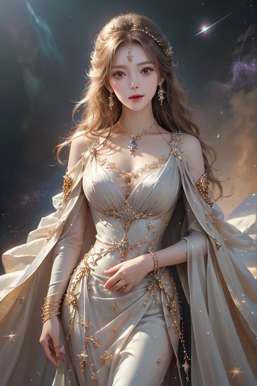 (masterpiece、Highest quality、High resolution、8K、16K)、((Alone in space、Beautiful Goddess、Standing posture、フローティング in the sky like a star))、((whole body))、Golden Cape、White long dress、No sleeve、Adorned with vibrant jewels、Gold Bracelet、Blonde middle、Beautiful brown eyes、A kind smile、Mouth closed、Elegant and detailed face、Graceful operation、Place one hand under your chest、Professional Lighting、The universe is full of light、Countless stars and nebulae、