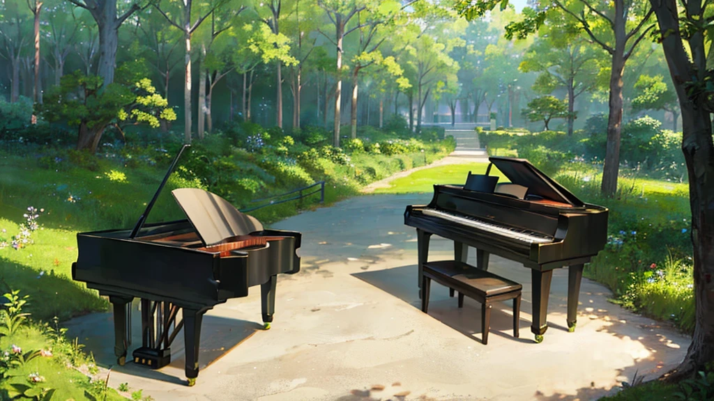 A grand piano placed under a large tree、The soft sunlight filtering through the trees makes it sparkle.、One grand piano、There is no one、With Makoto Shinkai-esque illustration touch、Rough anime style、in the forest