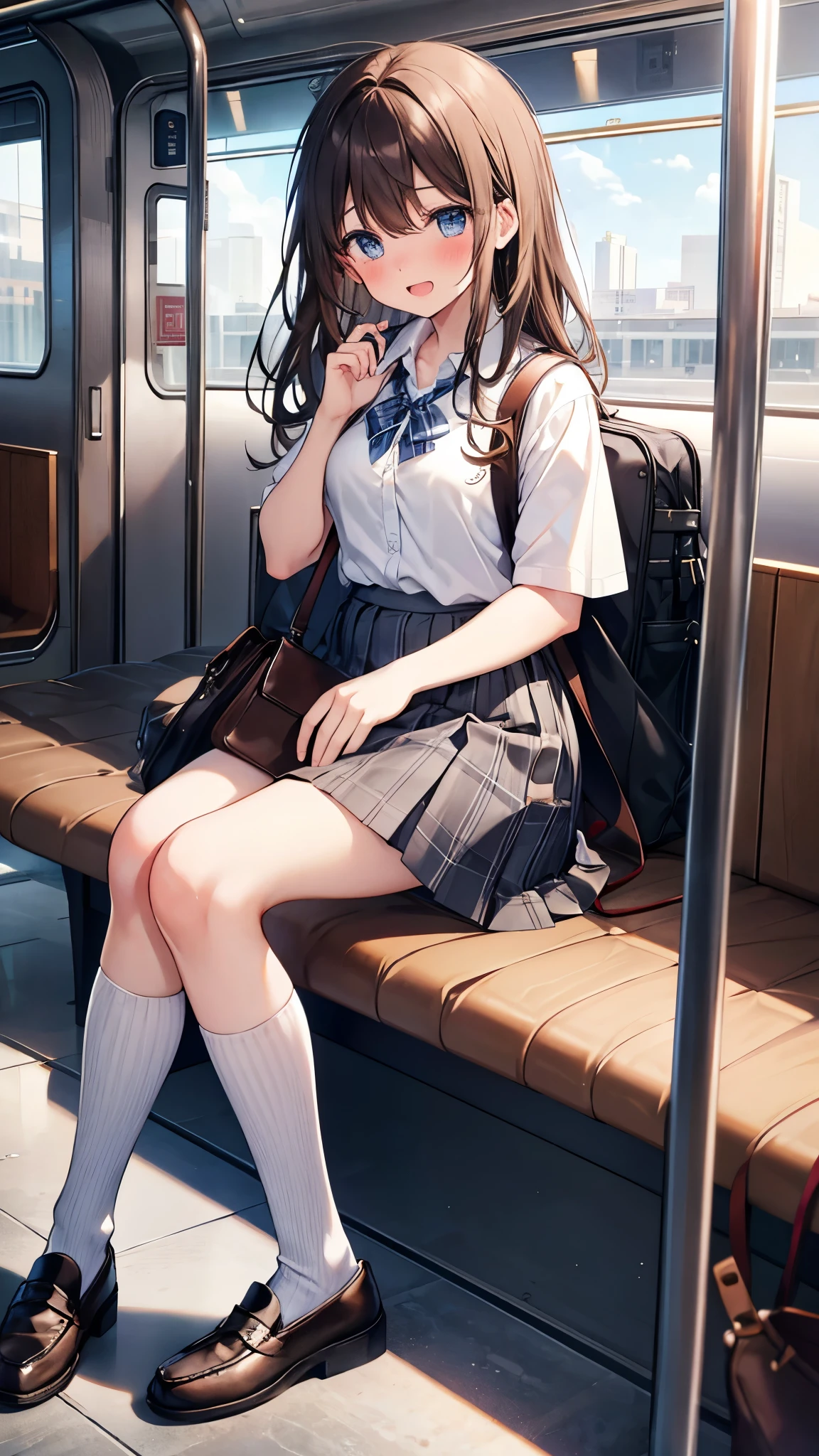 long hair, looking at viewer, blush, smile, open mouth, bangs, blue eyes, multiple girls, skirt, brown hair, shirt, black hair, short sleeves, brown eyes, long hair, sitting, white polo shirt, pleated skirt, outdoors, open clothes, shoes, day, socks, striped, collared shirt, hand up, 3girls, bag, plaid, kneehighs, nose blush, plaid skirt, brown footwear, flying sweatdrops, loafers, grey skirt, school bag, diagonal stripes, train station
