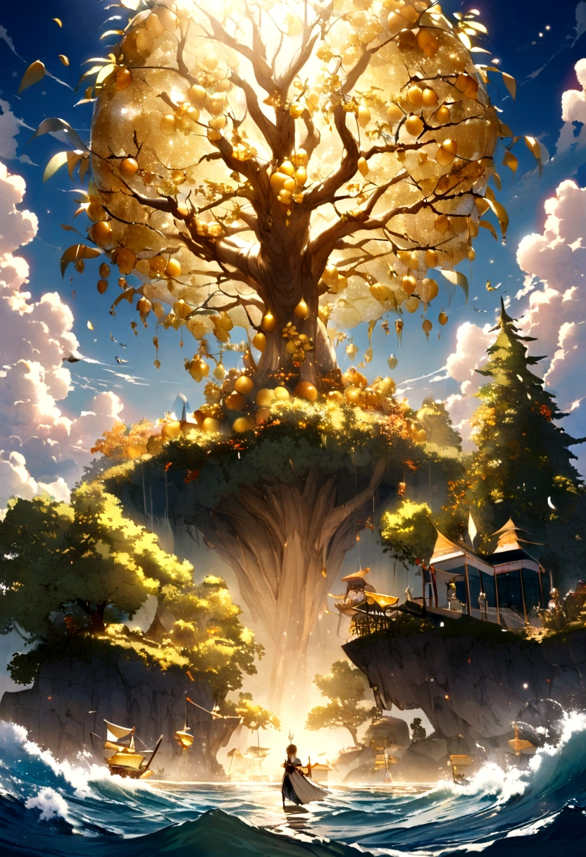 A big tree，Full of shiny fruits，Standing alone on a small island in the high seas，Around them float warrior angels with shining wings of gold and silver.