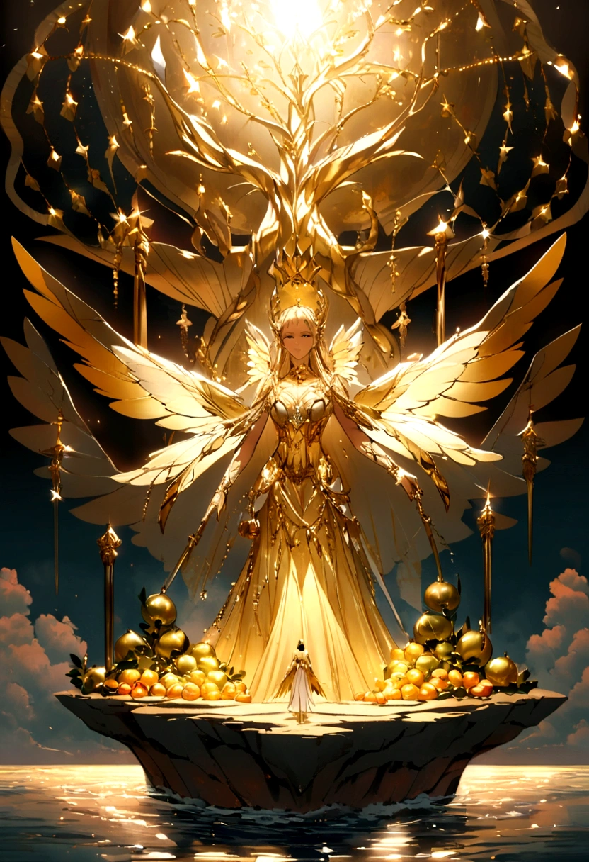 A big tree,Full of shiny fruits,Standing alone on a small island in the high seas,Around them float warrior angels with shining wings of gold and silver.