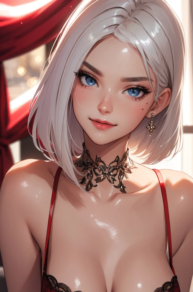 1girl,a beautiful fashion model ,(masterpiece, detailed background, best quality),short and shiny hair, white hair with highlights,smirk,juicy lips,red lips, calmart, lingerie, stripping, elegant makeup, blue eyes