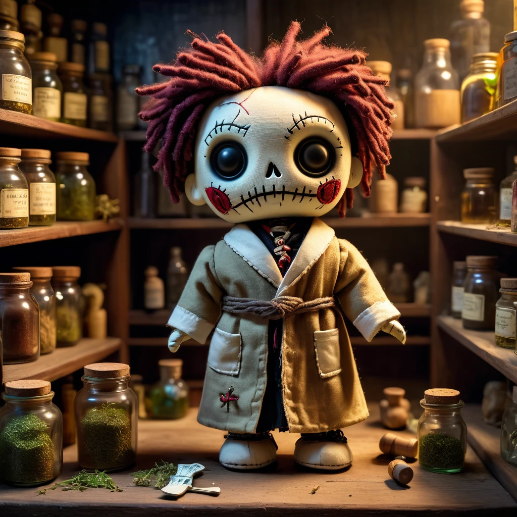 (knitted toy voodoo doll:1.2), (Voodoo Dark Pharmacist:1.3), (clothes Antique robe, old bottles, gloomy glasses:1.0), (in the background Abandoned pharmacy, shelves with dust, glass jars with herbs:1.3), best quality, masterpiece, detailed soft oil painting, detailed background, dramatic cinematic lighting, soft edge lighting, professional, dramatic lighting, hard edge lighting, ultra quality, 4k,masterpiece, best quality, 8k, ultra highres, highres, extremely detailed