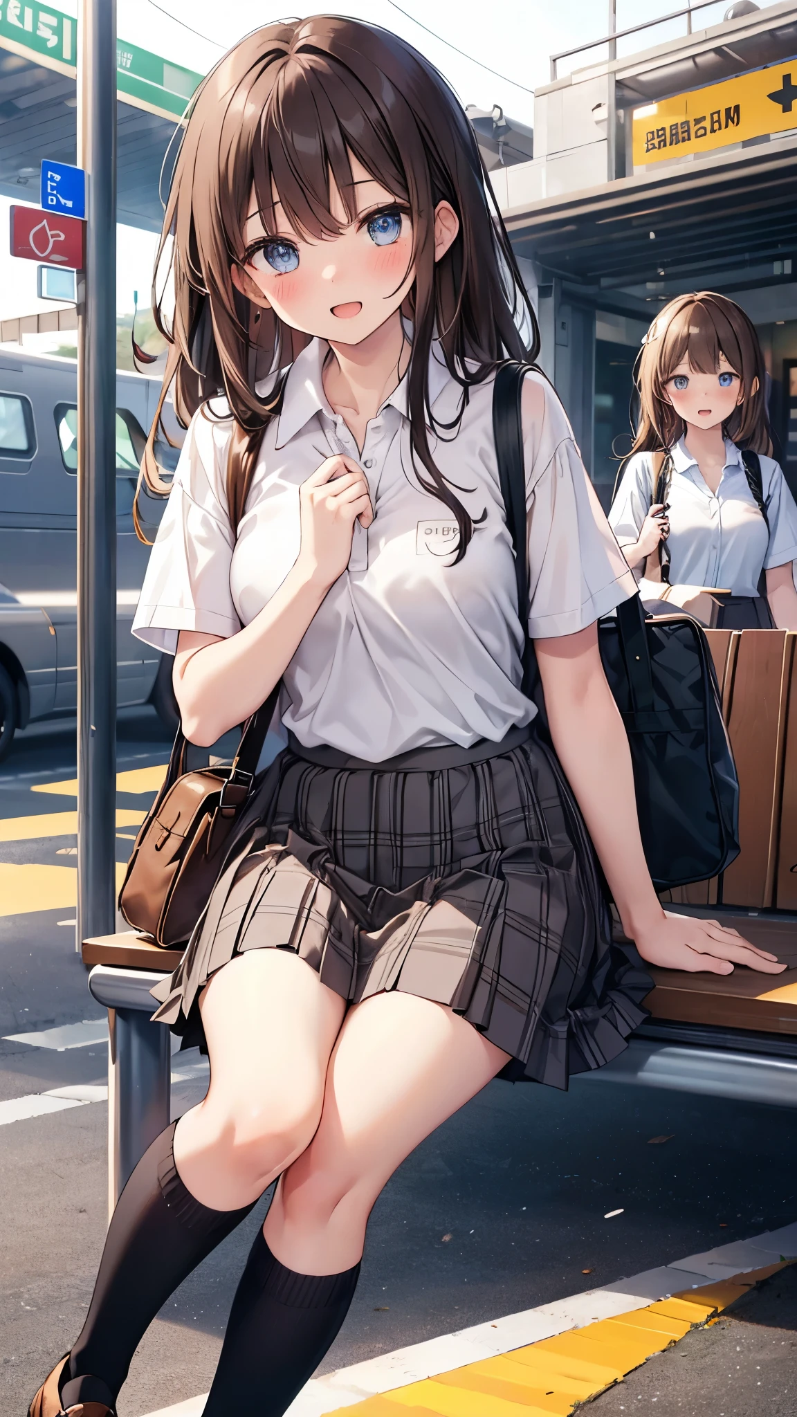 long hair, looking at viewer, blush, smile, open mouth, bangs, blue eyes, multiple girls, skirt, brown hair, shirt, black hair, short sleeves, brown eyes, long hair, sitting, white polo shirt, pleated skirt, outdoors, open clothes, shoes, day, socks, striped, collared shirt, hand up, 3girls, bag, plaid, kneehighs, nose blush, plaid skirt, brown footwear, flying sweatdrops, loafers, grey skirt, school bag, diagonal stripes, train station