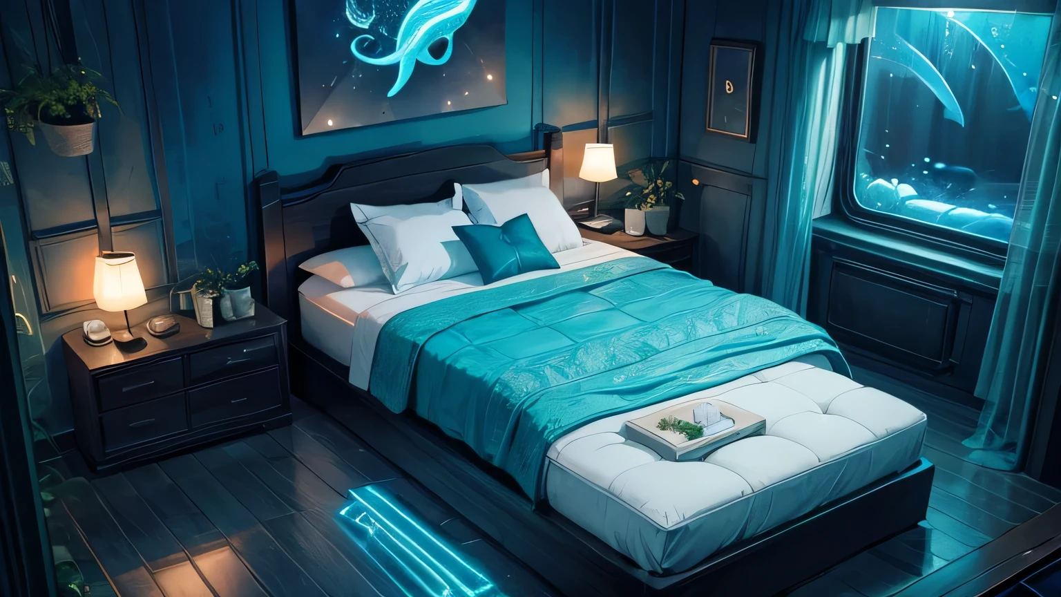 A bed in the water、Floating in space with neon lights。Amid the silence and mystery of the deep sea、The bed is enveloped in a fantastic light.、Together with the surrounding aquatic plants and fish, it creates a beautiful sight.。