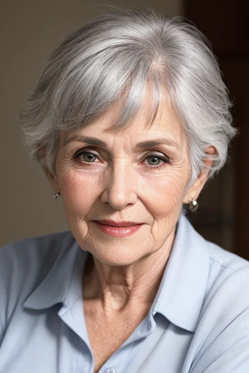 An older woman who is young and beautiful, has no wrinkles on her face, and has gray hair.