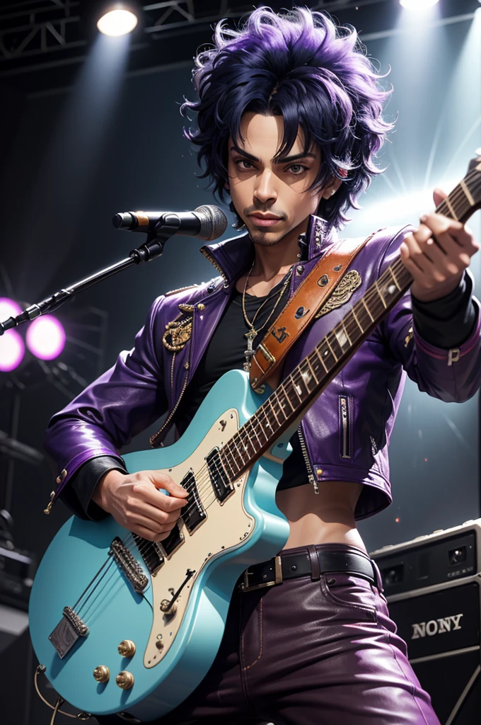 A highly detailed photograph with PRINCE as a rocker with PURPLE leather jacket, with a YELOLOW electric guitar in an action pose. Sun Beam. Cinematic. Lightning. Gigantic text "QUEEN” giant speakers at the background! Super High ultra resolution, hyper photorealistic, 255K, super hyper, Sony A7S Ill, f/ 9.0, 1/400. sharp-focus, megapixel.