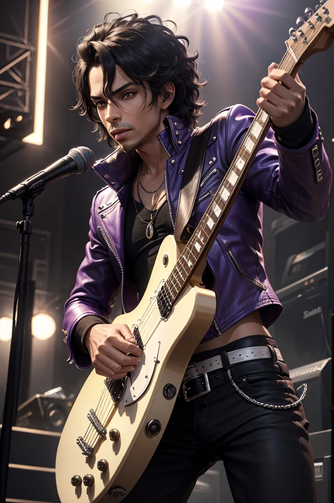 A highly detailed photograph with PRINCE as a rocker with PURPLE leather jacket, with a YELOLOW electric guitar in an action pose. Sun Beam. Cinematic. Lightning. Gigantic text "QUEEN” giant speakers at the background! Super High ultra resolution, hyper photorealistic, 255K, super hyper, Sony A7S Ill, f/ 9.0, 1/400. sharp-focus, megapixel.