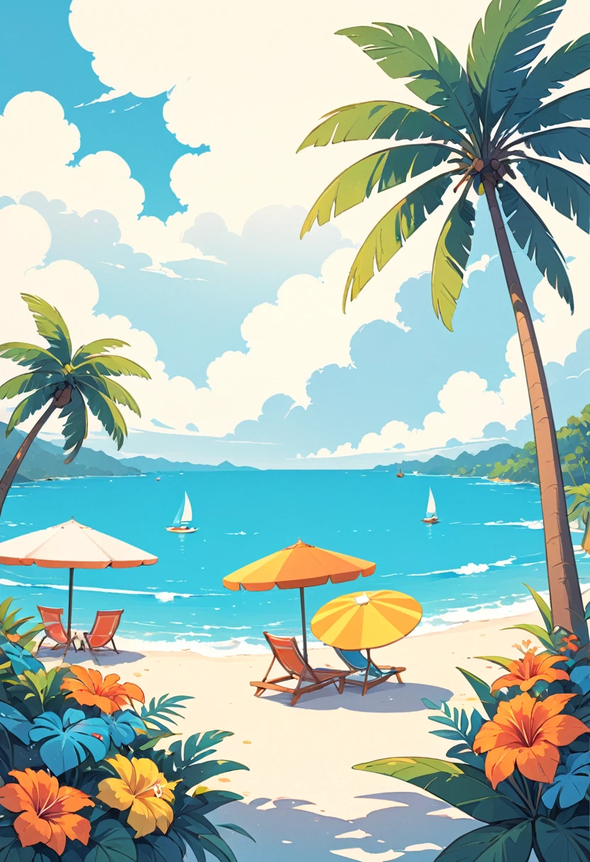 coconut tree，Cartoon，summer，Illustration style，Flat illustrations，Blue seaside，White clouds，Simple picture，Fresh，vibrant hues；