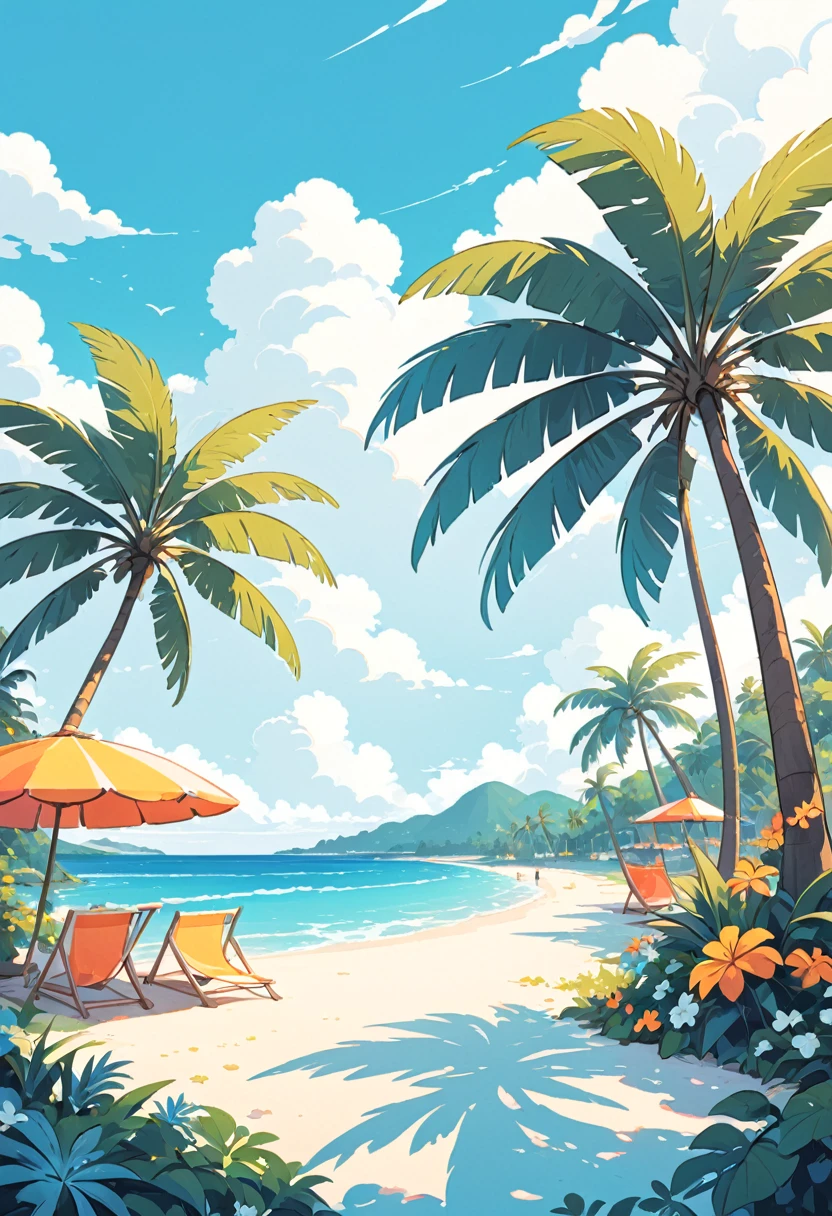 coconut tree，Cartoon，summer，Illustration style，Flat illustrations，Blue seaside，White clouds，Simple picture，Fresh，vibrant hues；