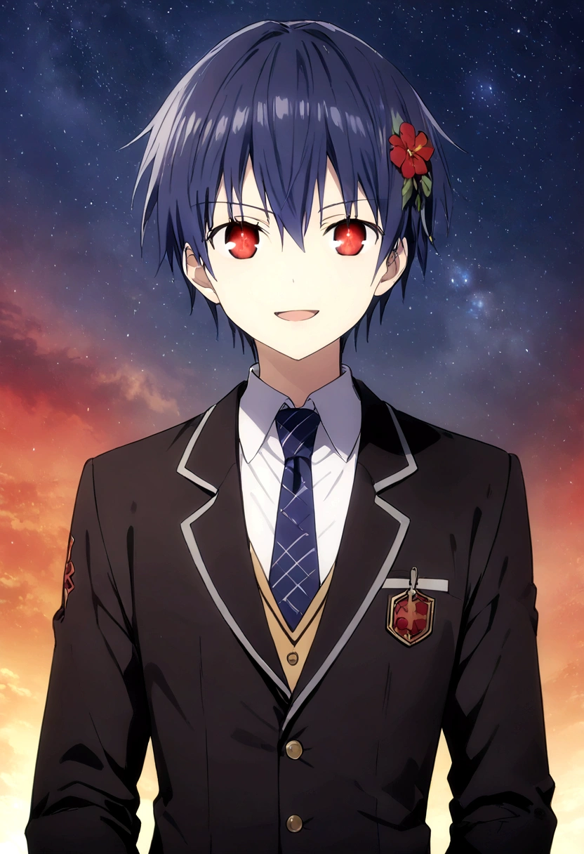 (itsuka shido, 1boy, blue hair, upper body, expressive eyes, school uniform, Black jacket, white shirt, black pants, blue tie, smile, open mouth), He stares at the viewer while shaking his hand towards the viewer. masterpiece, best quality, ((dynamic_angle)),outdoors,

1 girl solo,((medical))_eyepatch,red_eyes,loose_hair,very_long_hair,gothic_****ta,hair_flower,glowing_eyes,floating_hair,smile,

