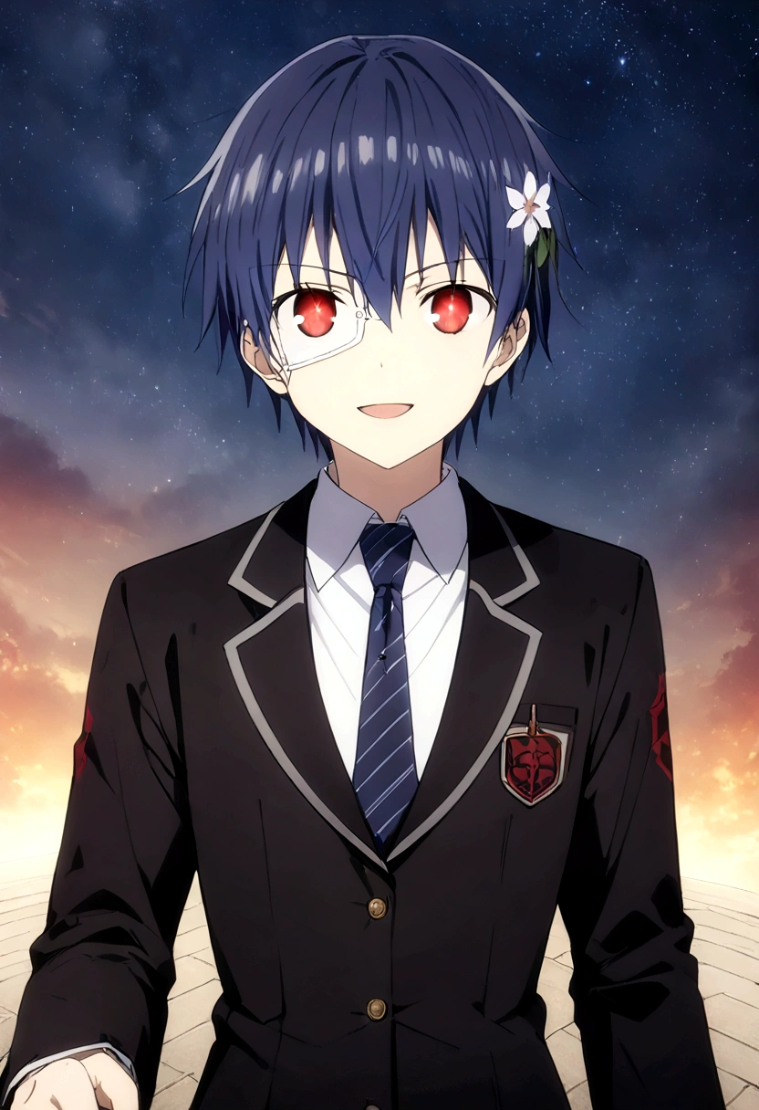 (itsuka shido, 1boy, blue hair, upper body, expressive eyes, school uniform, Black jacket, white shirt, black pants, blue tie, smile, open mouth), He stares at the viewer while shaking his hand towards the viewer. masterpiece, best quality, ((dynamic_angle)),outdoors,

1 girl solo,((medical))_eyepatch,red_eyes,loose_hair,very_long_hair,gothic_****ta,hair_flower,glowing_eyes,floating_hair,smile,

