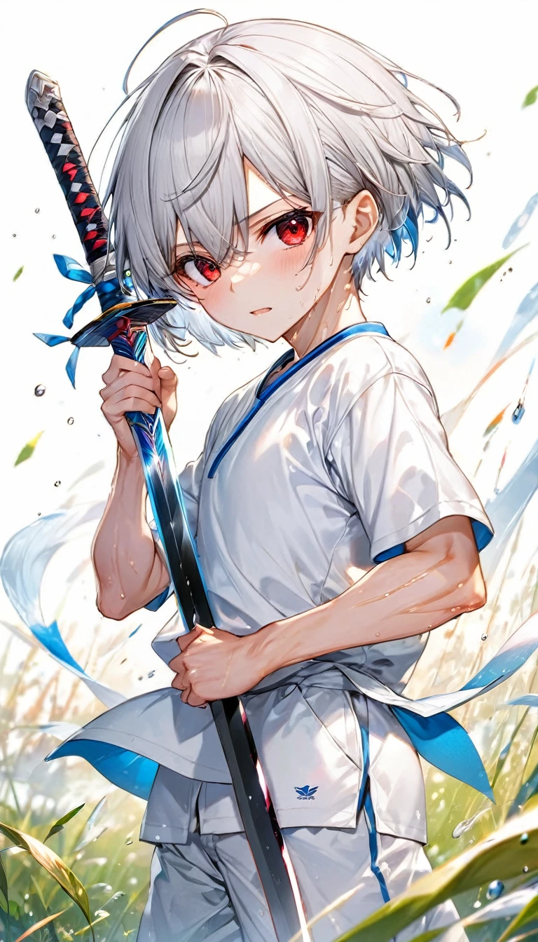 (Sword Training style) (both hands holding a detailed long sword), (full body standing fight pose) (16 yo, solo crew cut silver hair very short hair divine sword fighter boy, detailed serious red eyes, sweaty;1.2 skin, serious face, flat chest), (in a summer training uniform), break, (in the battle training field), BREAK, perfect anatomy, masterpiece, best quality, 16k, beautiful detailed grow, daydreaming expression.