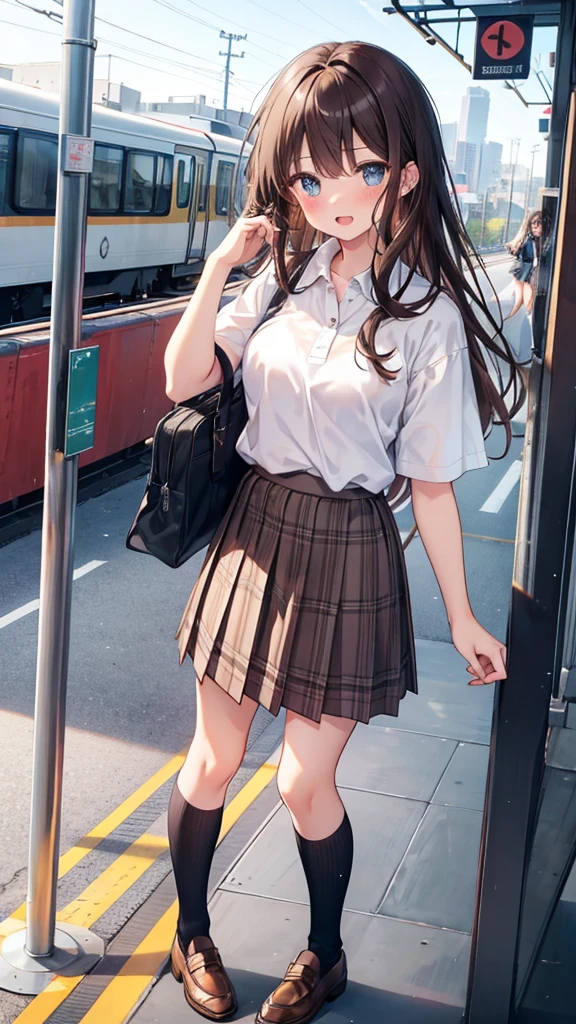 long hair, looking at viewer, blush, smile, open mouth, bangs, blue eyes, multiple girls, skirt, brown hair, shirt, black hair, short sleeves, brown eyes, long hair, standing, white polo shirt, pleated skirt, outdoors, open clothes, shoes, day, socks, striped, collared shirt, hand up, 3girls, bag, plaid, kneehighs, nose blush, plaid skirt, brown footwear, flying sweatdrops, loafers, grey skirt, school bag, diagonal stripes, train station