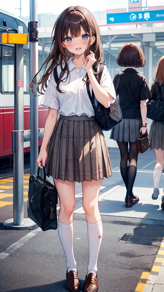 long hair, looking at viewer, blush, smile, open mouth, bangs, blue eyes, multiple girls, skirt, brown hair, shirt, black hair, short sleeves, brown eyes,  long hair, standing, white polo shirt, pleated skirt, outdoors, open clothes, shoes, day, socks, striped, collared shirt, hand up, 3girls, bag, plaid, kneehighs, nose blush, plaid skirt, brown footwear, flying sweatdrops, loafers, grey skirt, school bag, diagonal stripes, train station