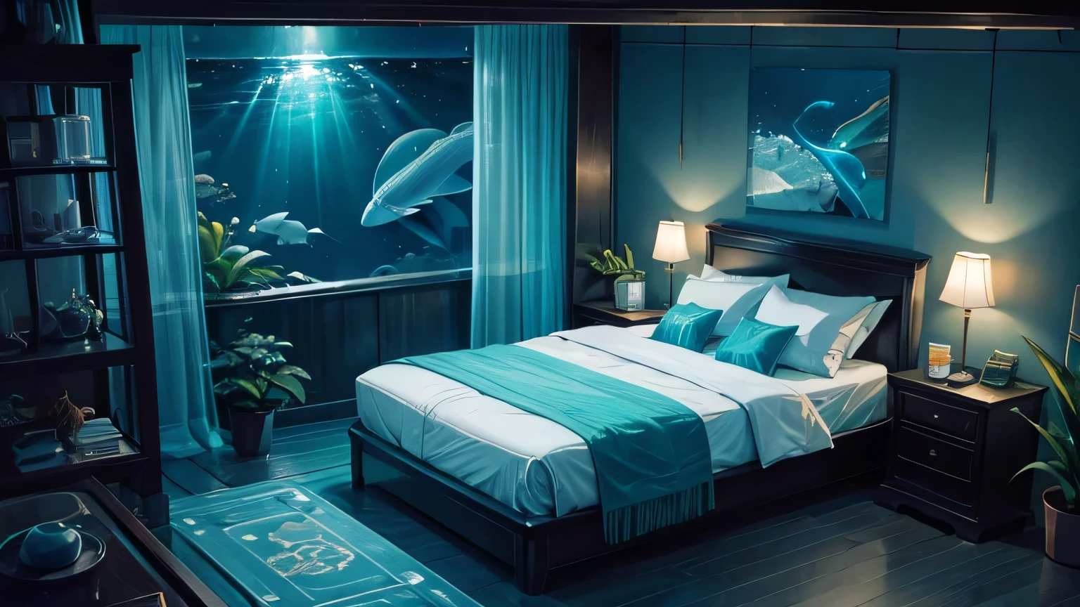 A bed in the water、Floating in space with neon lights。Amid the silence and mystery of the deep sea、The bed is enveloped in a fantastic light.、Together with the surrounding aquatic plants and fish, it creates a beautiful sight.。