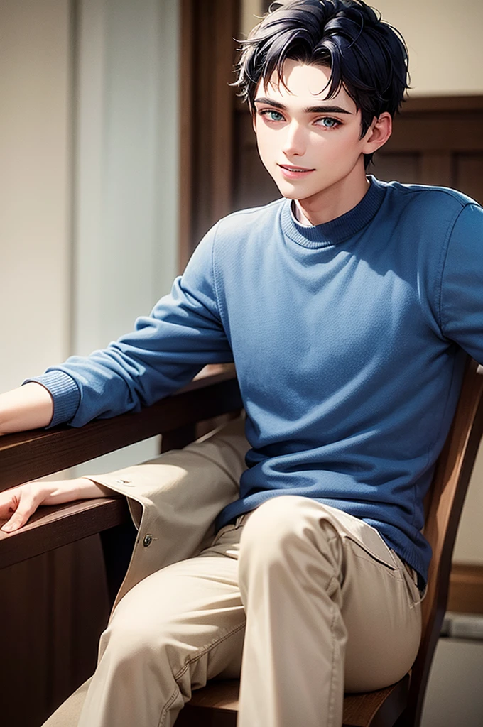　male　20-year-old　short hair　Dark blue hair　Blue Eyes　Front view　smile　Sitting on a chair
