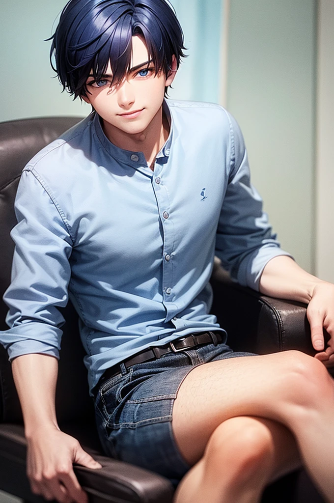 male 20-year-old short hair Dark blue hair Blue Eyes Front view smile Sitting on a chair
