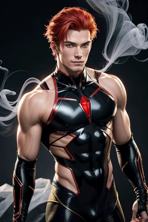 Quarter body photorealistic handsome hunky fractal masculine red haired onyx wearing a black with gold transparent crystal chrome glass trimmings super suit , look at camera, detailed face parts,, smoke as background, Freestyle Pose, Happy Expression, perfect anatomy, symmetric body,, 18 years old, :: high detail, a lean athletic body, realistic, human skin, extremely detailed fingers, chad chin,, masculine, human skin, , gorgeous, Attractive. super bulges in action . camera focus face front