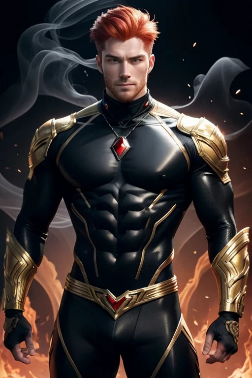 Quarter body photorealistic handsome hunky fractal masculine red haired onyx  wearing a black with gold  transparent crystal chrome glass trimmings super suit , look at camera, detailed face parts,, smoke as background, Freestyle Pose, Happy Expression, perfect anatomy, symmetric body,, 18 years old,  :: high detail, a lean athletic body, realistic, human skin, extremely detailed fingers,  chad chin,, masculine, human skin, , gorgeous, Attractive. super bulges in action . camera focus face front 