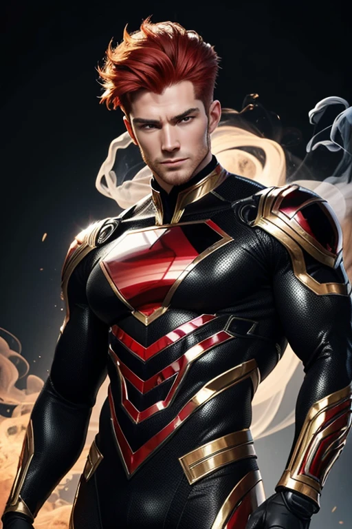 Quarter body photorealistic handsome hunky fractal masculine red haired onyx wearing a black with gold transparent crystal chrome glass trimmings super suit , look at camera, detailed face parts,, smoke as background, Freestyle Pose, Happy Expression, perfect anatomy, symmetric body,, 18 years old, :: high detail, a lean athletic body, realistic, human skin, extremely detailed fingers, chad chin,, masculine, human skin, , gorgeous, Attractive. super bulges in action . camera focus face front