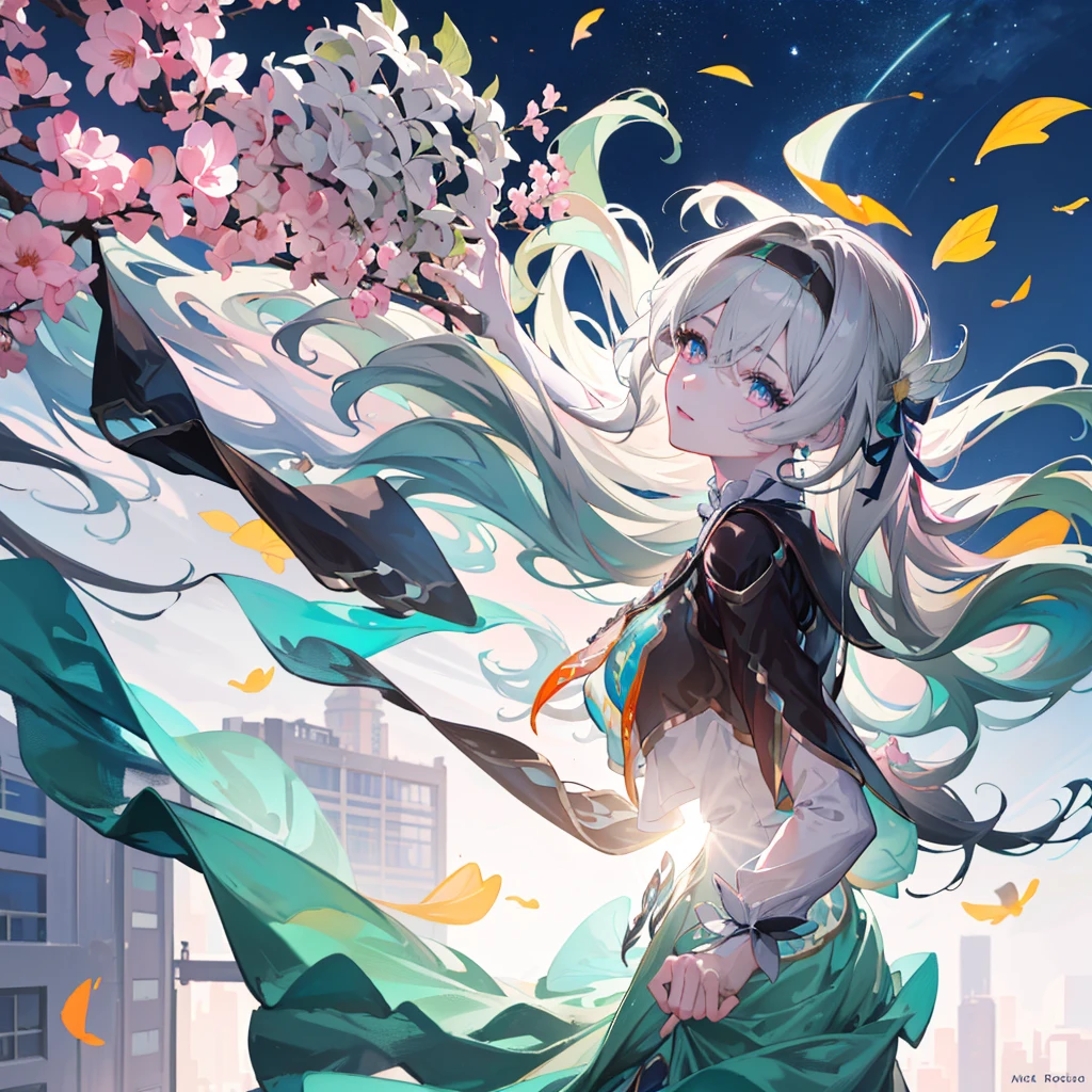 (best quality,4k,8k,highres,masterpiece:1.2),ultra-detailed,(realistic, photorealistic,photo-realistic:1.37),beautiful detailed eyes, beautiful detailed lips, fair skin, delicate facial features,(anime, character illustration) style, vivid colors, soft lighting, serene pose, subtle smile, standing in a garden,flowering trees,butterflies dancing around her,peaceful atmosphere, 1 girl, solo, alone, gray hair, long hair, hair accessories, black headband, blue and pink gradient eyes, long sleeve, green skirt, green thighs, firefly from honkai star rail, hand behinder her back,