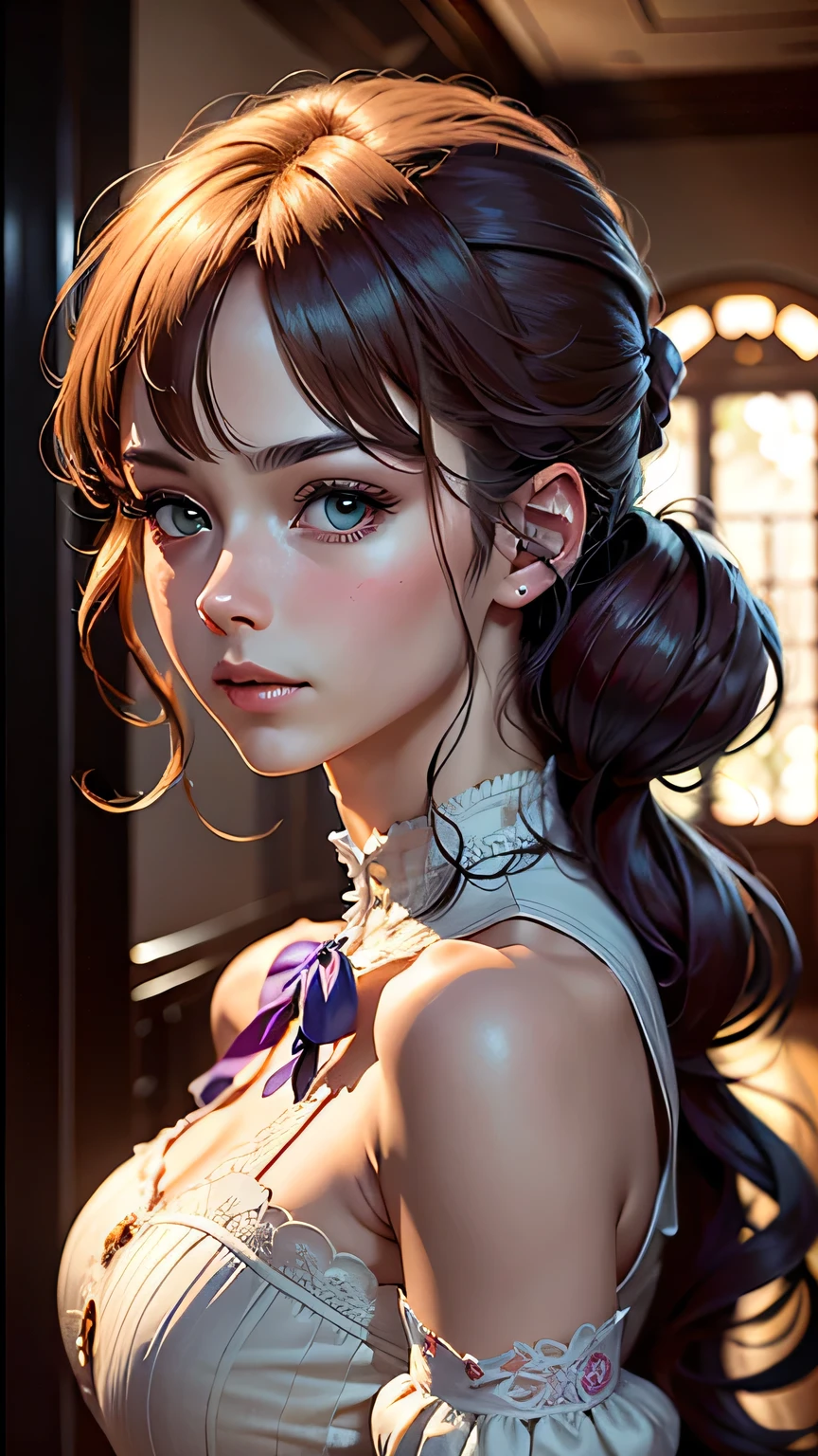 masterpiece, Highest quality, (8K wallpapers incorporating highly detailed CG), (Highest quality), (Best illustrations), (Best Shadow), (Stable Diffusion Model), Violet Evergarden, Sparkling, beautiful, victorian style bedroom, Dynamic Lighting, Written boundary depth、((Upper body portrait))、Upper body portrait