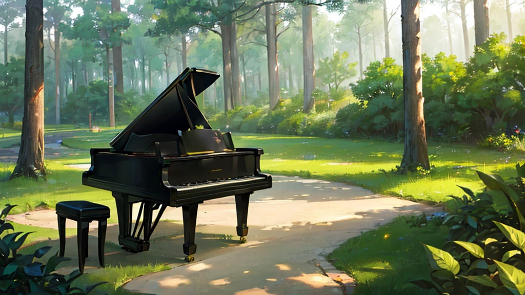 A grand piano placed under a large tree、The soft sunlight filtering through the trees makes it sparkle.、One grand piano、There is no one、With Makoto Shinkai-esque illustration touch、Rough anime style、in the forest