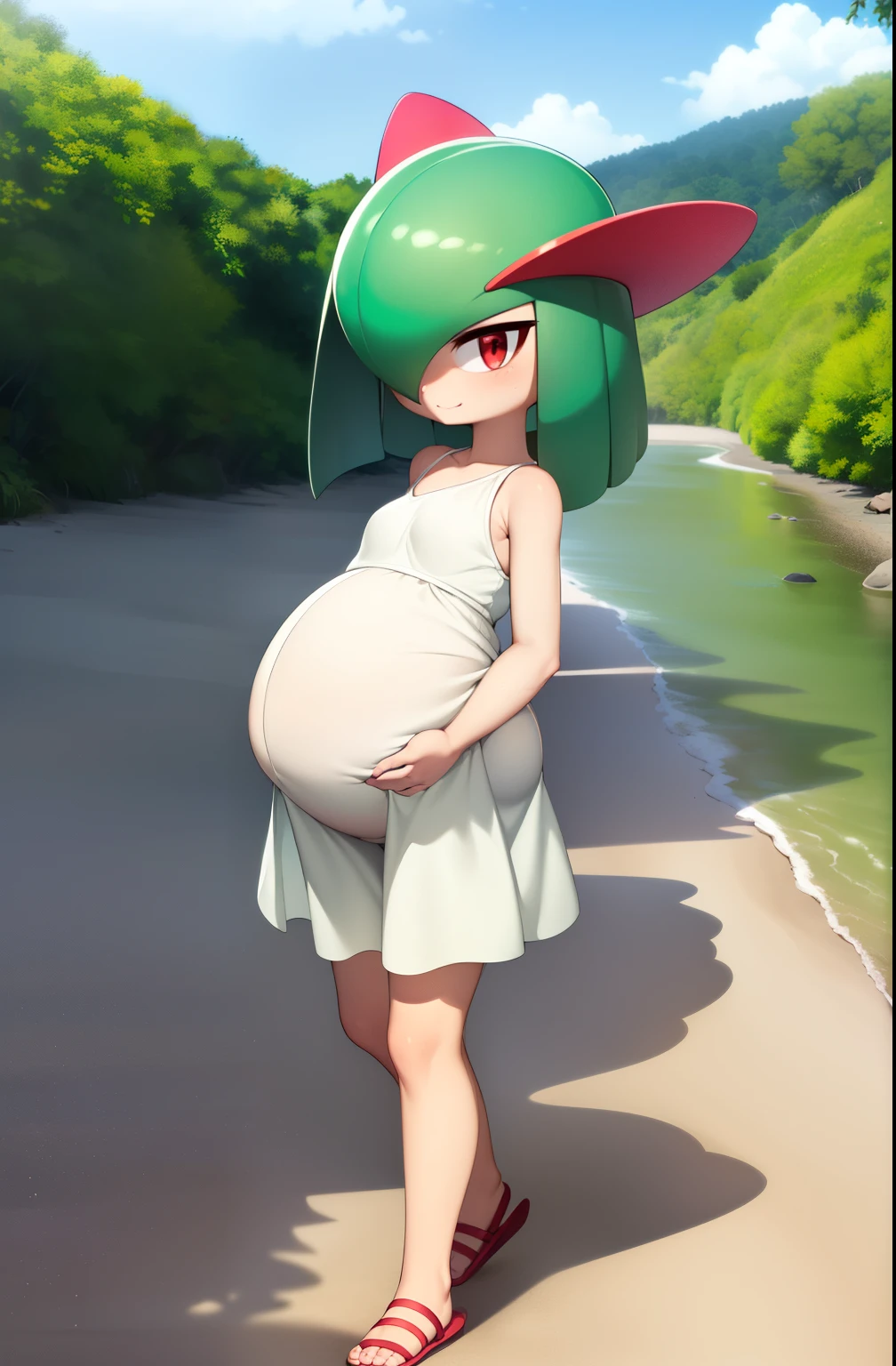 Masterpiece, Best Quality, 1 girl in, Alone, kirlia, green hair, Red eyes, yellow dress, dress with flowers, Porcelain skin, short hair, tight clothes, walking on a beach, hands on belly, low-cut dress, seniors, (((Pregnant))), pregnancy belly, ruvor, shy smile.