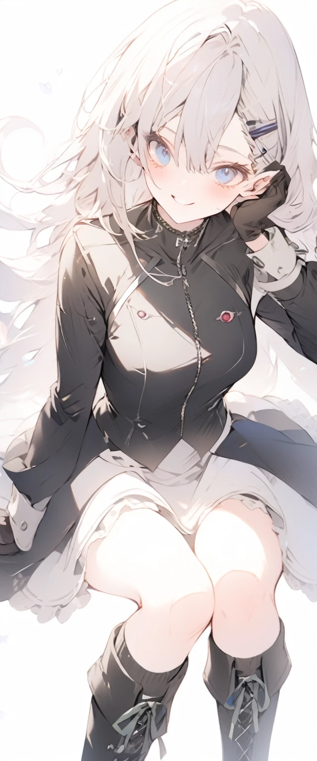 beautiful, masterpiece, Highest quality, anime, One girl, C Cup,Portrait Shot, View your viewers, Intricate details,>,((Covered、Long Hair、nearby、Blue Eyes、art、、White hair,Blue streaked hair、wallpaper、、hairpin、smile、Thighs、Plainer_Sci-fi Suit、Plainer_Gloves、Plainer_Knee-high boots、Plainer_Underskirt