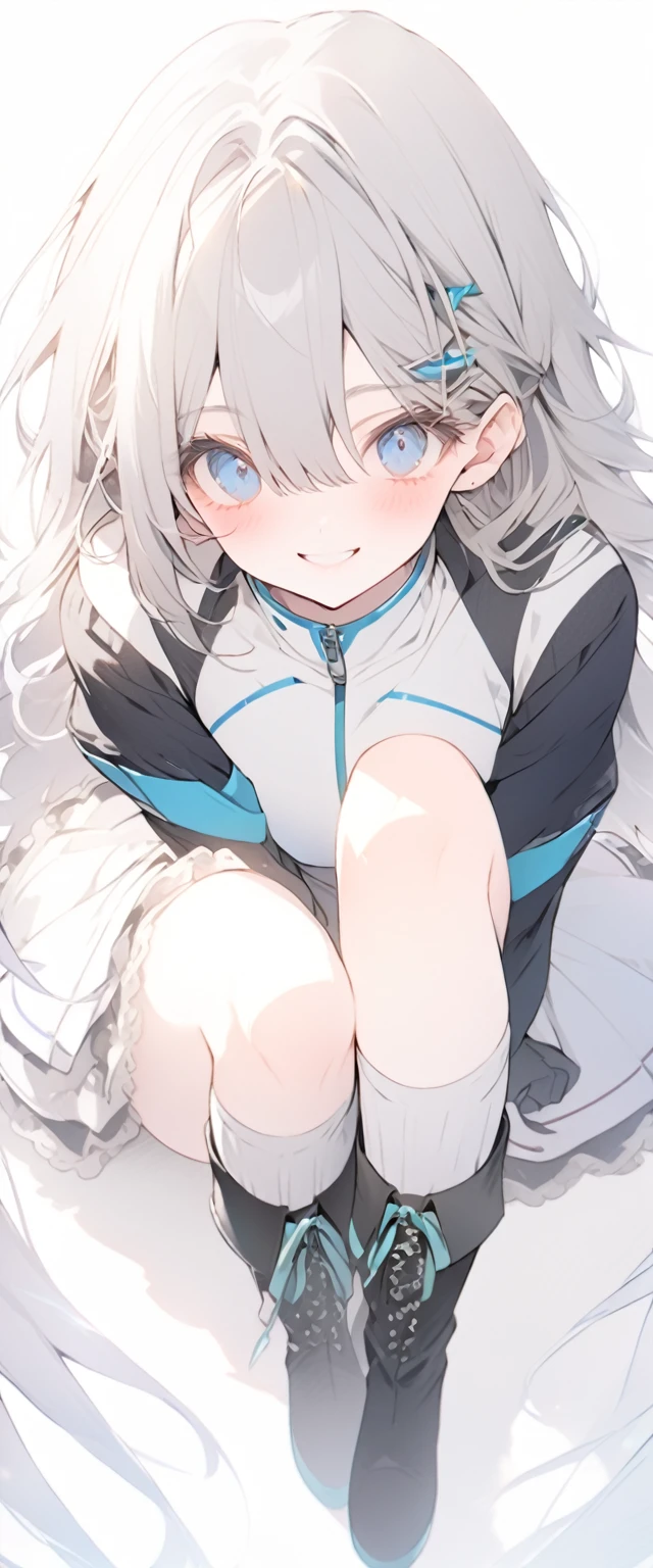beautiful, masterpiece, Highest quality, anime, One girl, C Cup,Portrait Shot, View your viewers, Intricate details,>,((Covered、Long Hair、nearby、Blue Eyes、art、、White hair,Blue streaked hair、wallpaper、、hairpin、smile、Thighs、Plainer_Sci-fi Suit、Plainer_Gloves、Plainer_Knee-high boots、Plainer_Underskirt