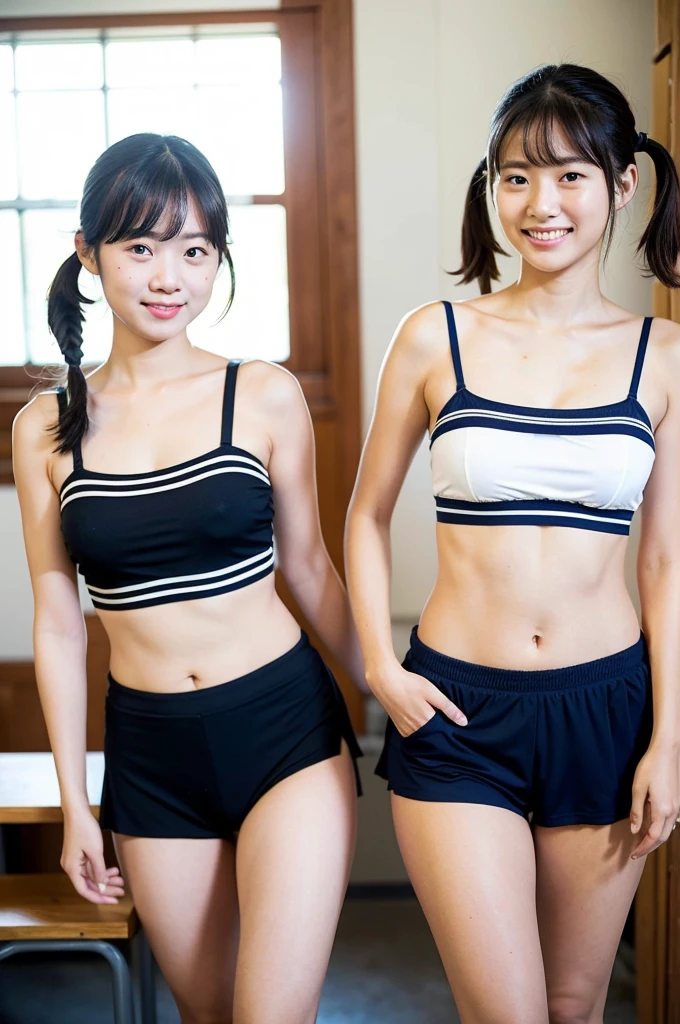 2 girls walking in wooden school classroom,navy blue micro bikini with white camisole straps and white trim,18-year-old,bangs,a little smile,thighs,knees,short hair with low pigtails,from before,front light