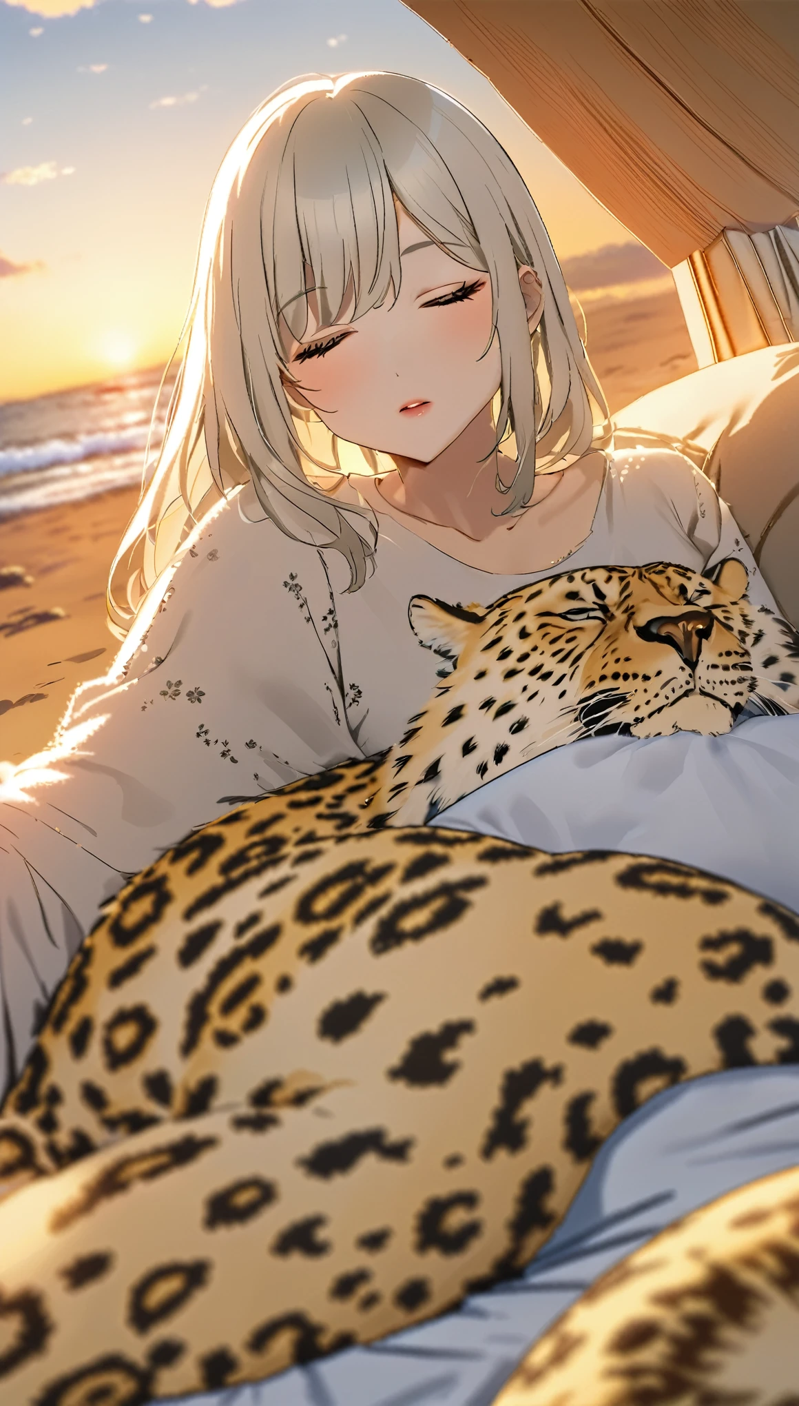 Highest quality、Masterpiece、Sunset Savanna、tent、BREAK、(((One Girl、Cute sleeping girl、tentでチーター柄の寝袋に入る女性:1.37)))、BREAK、Adult cheetah、Cheetah sleeping with a girl、Super detailed cheetah、A detailed drawing of a cheetah、