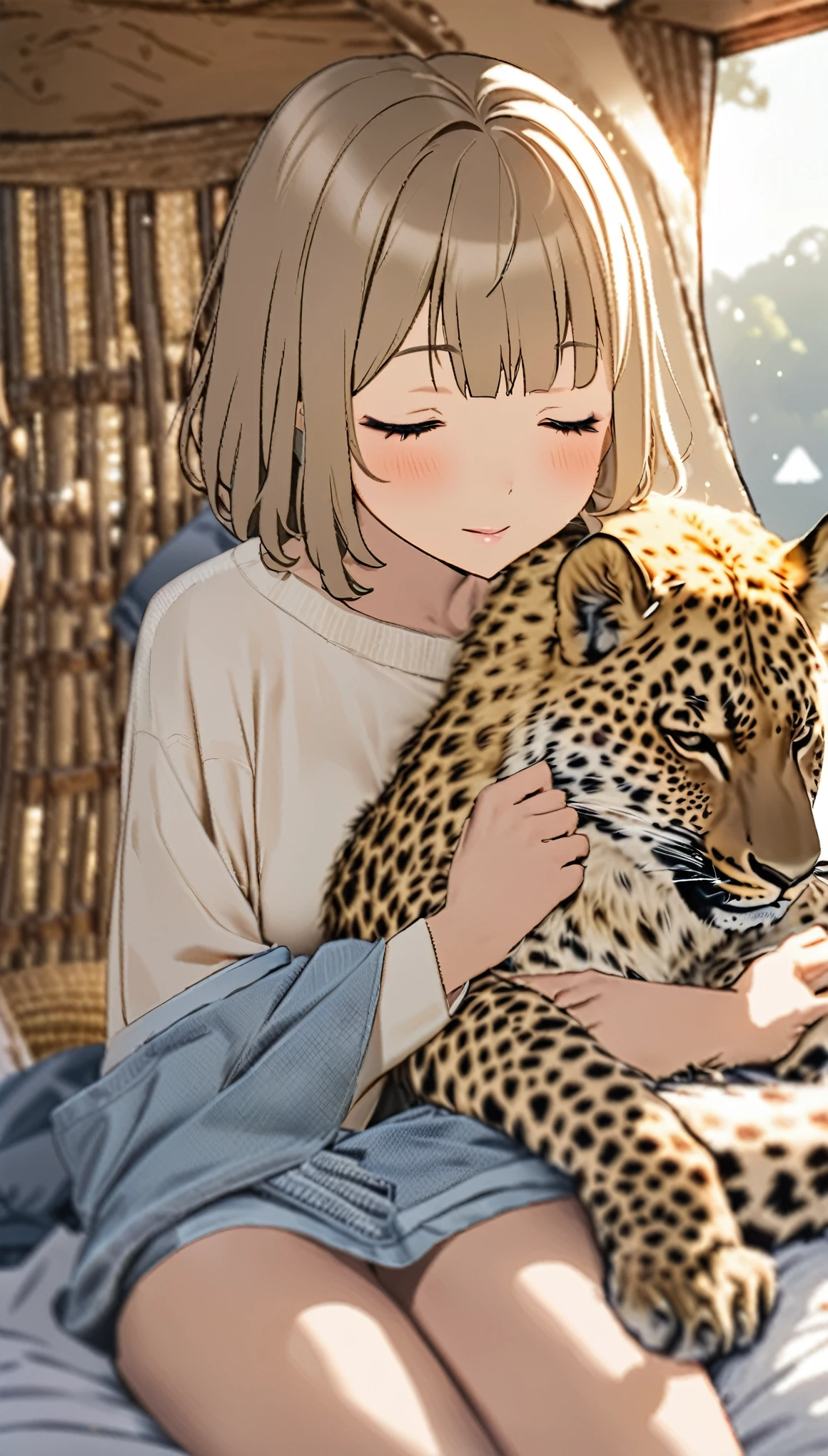 Highest quality、Masterpiece、Sunset Savanna、tent、BREAK、(((One Girl、Cute sleeping girl、tentでチーター柄の寝袋に入る女性:1.37)))、BREAK、Adult cheetah、Cheetah sleeping with a girl、Super detailed cheetah、A detailed drawing of a cheetah、