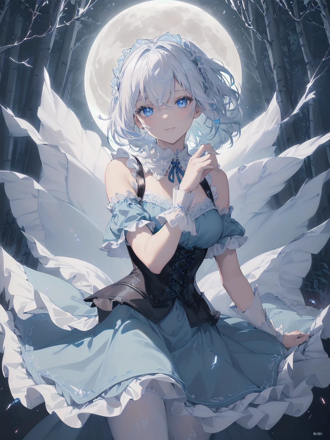 masterpiece、Highest quality、Beautiful expression、Absurd、Extraordinary World、Beauty、solo、Idol、(Cowboy Shot、Light blue ruffle lace long dress、white collar、White Ruffled Cuff、particle:1.5)、(bloom、Shine:1.4)、(Laughter)、(Short white hair、blue eyes:1.7)、Sharp focus、Photorealistic、High resolution、Most detailed、Very detailed、Detailed face and eyes、Sharp pupils、Realistic student、Sharp focus、 Shiny skin、Black Corset、Black pantyhose、(Dark Forest、moon、Dark Background:1.5)、Rim Light、dynamic, Cinema Lighting