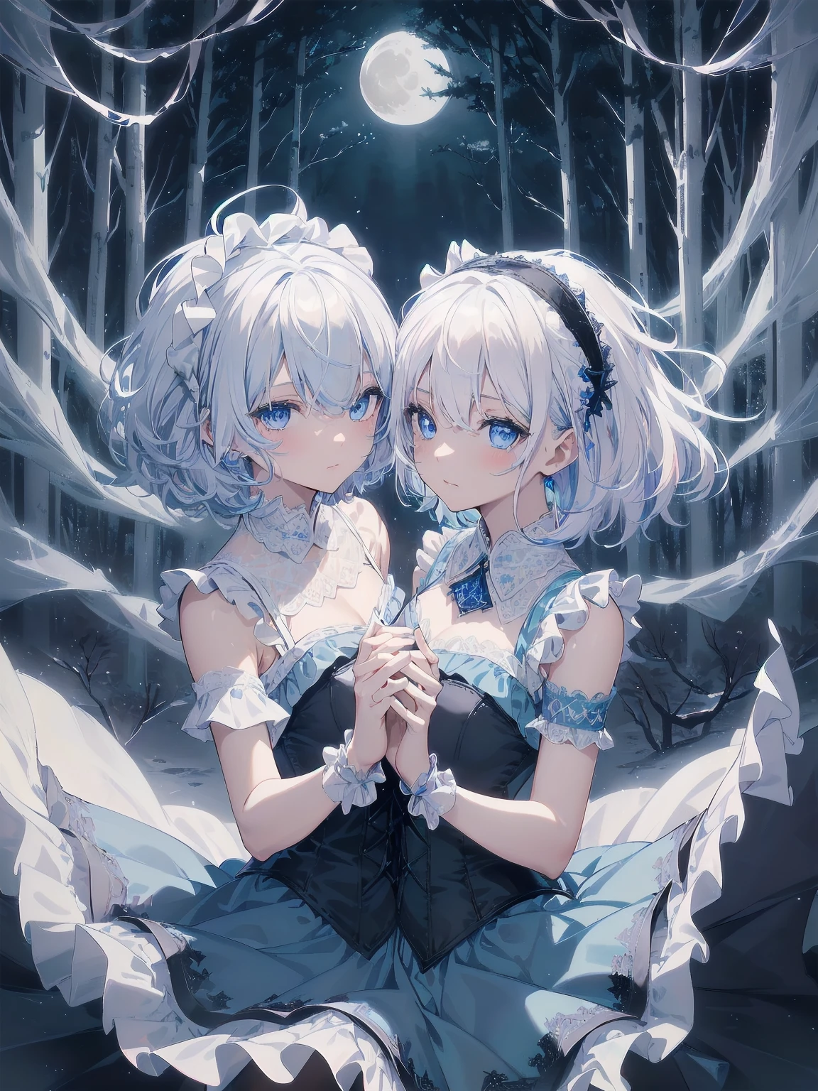 masterpiece、Highest quality、Beautiful expression、Absurd、Extraordinary World、Beauty、solo、Idol、(Cowboy Shot、Light blue ruffle lace long dress、white collar、White Ruffled Cuff、particle:1.5)、(bloom、Shine:1.4)、(Laughter)、(Short white hair、blue eyes:1.7)、Sharp focus、Photorealistic、High resolution、Most detailed、Very detailed、Detailed face and eyes、Sharp pupils、Realistic student、Sharp focus、 Shiny skin、Black Corset、Black pantyhose、(Dark Forest、moon、Dark Background:1.5)、Rim Light、dynamic, Cinema Lighting