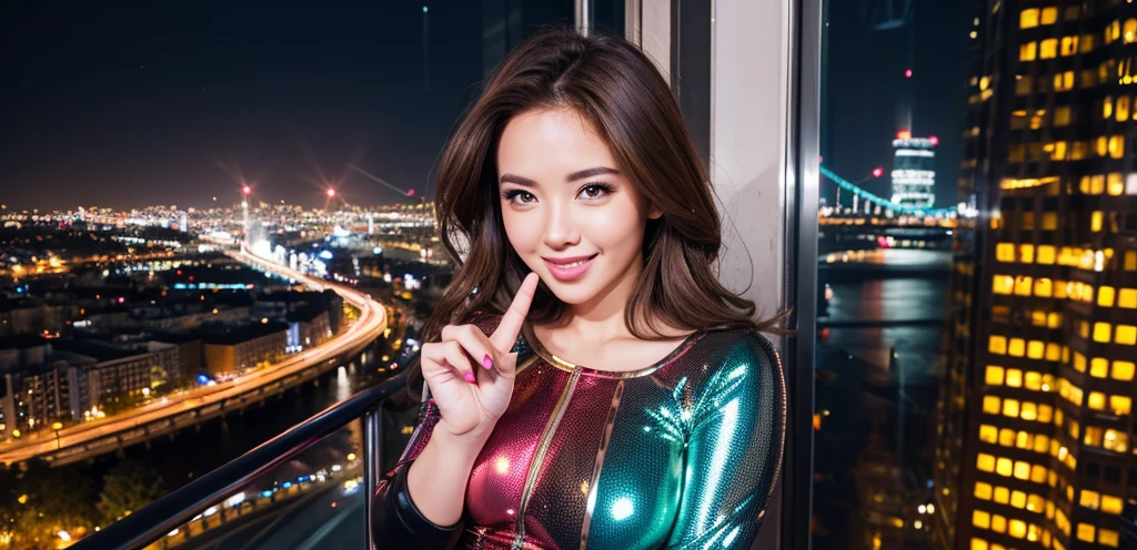 Brown hair, winking, flashy clothes, urban image, night city