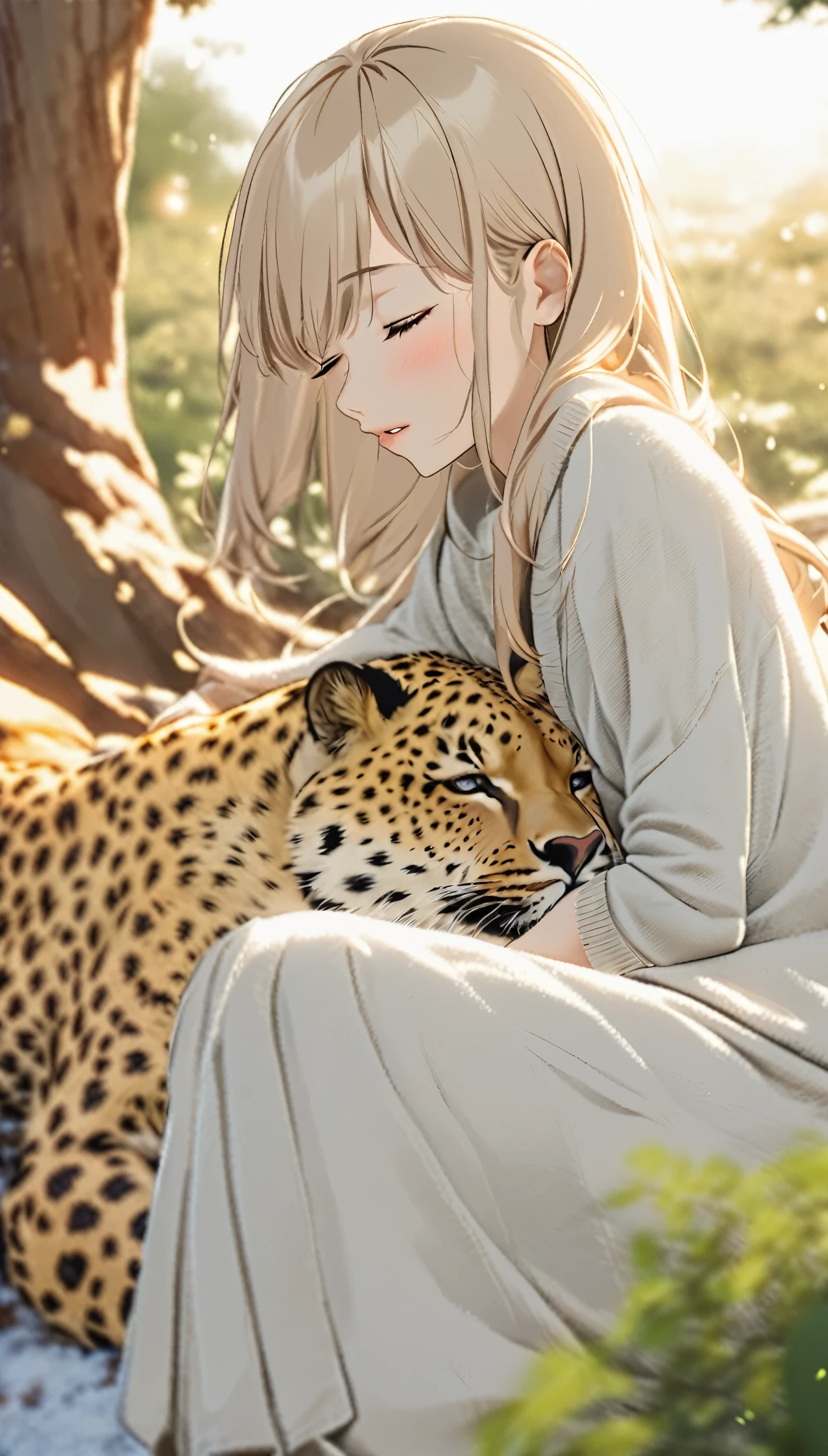Highest quality、Masterpiece、Sunset Savanna、tent、BREAK、(((One Girl、Cute sleeping girl、tentでチーター柄のsleeping bagに入る女性:1.37)))、BREAK、sleeping bag、Sleeping with a cheetah、Super detailed cheetah、A detailed drawing of a cheetah、