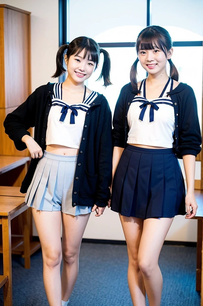 2 girls walking in wooden school classroom,navy blue micro bikini with white trim,18-year-old,bangs,a little smile,thighs,knees,short hair with low pigtails,from before,front light