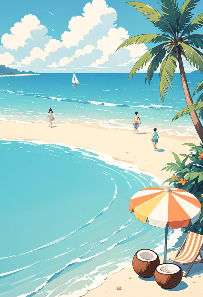 coconut tree，Cartoon，summer，Illustration style，Flat illustrations，Blue seaside，White clouds，Simple picture，Fresh，vibrant hues；