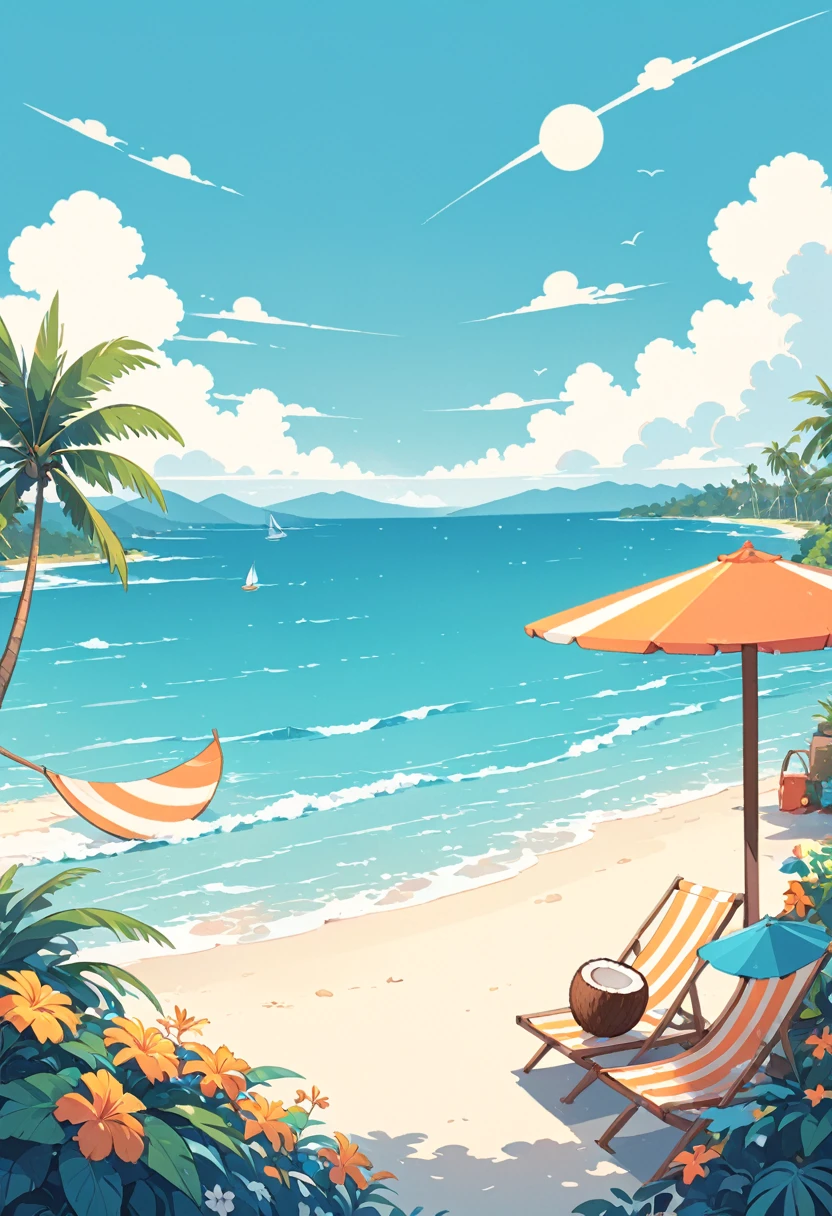 coconut tree，Cartoon，summer，Illustration style，Flat illustrations，Blue seaside，White clouds，Simple picture，Fresh，vibrant hues；