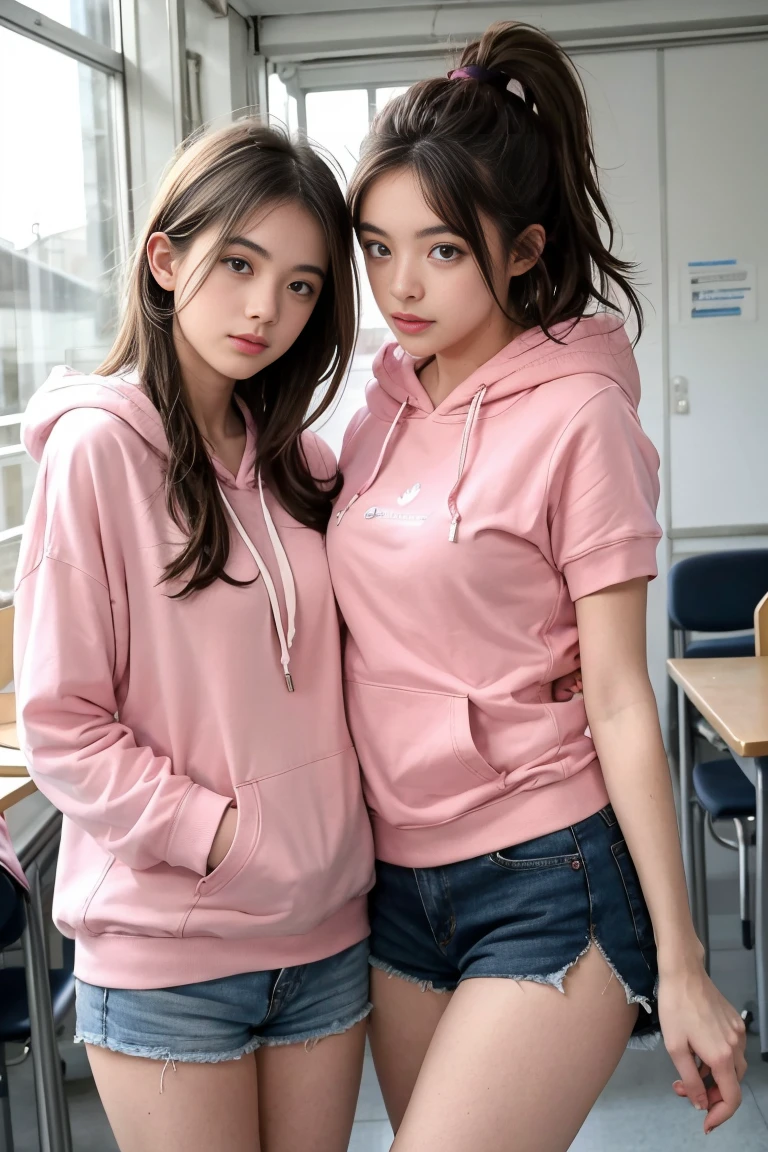deux femmes ensemble de 18 ans sexy et mince , pink short sleeve hoodie , salle de classe, se touche,position sey,sensuel