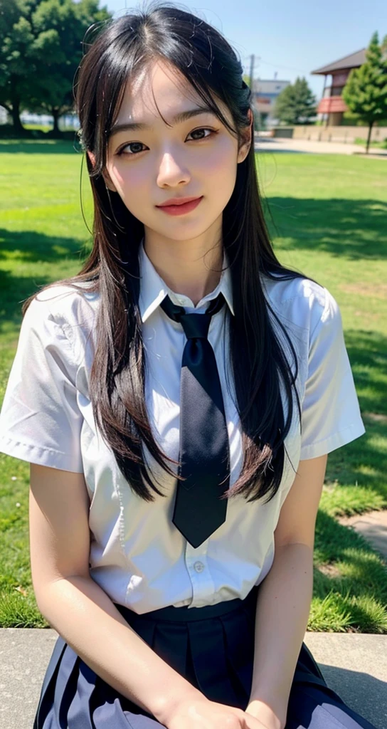 ((top-quality、masterpiece, Raw photography, 8K, top-quality, ultra high resolution, realisitic, Photorealsitic)), detailed Beautiful face, Realistic human skin, Gentle expression, front-facing view, From an angle, Beautie, length hair, a short skirt, Beautiful , Japan wearing uniform, Surreal High School Girl, (wrist watch), neck tie, smil, a park, blue-sky, lawn,