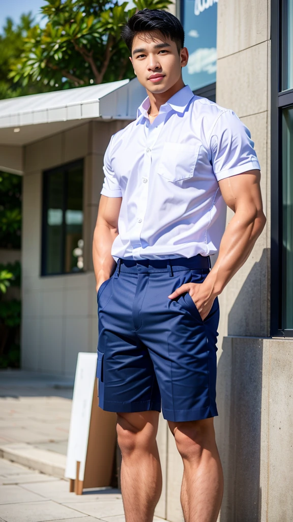 Masterpiece, best quality, High quality, วอลล์เปเปอร์ CG unity 8k ที่มีvery detailed, depth of field, HDR,,photorealistic,very detailed, 1 man sitting on a chair, Asia, black short hair, , (Thai , white shirt), blue cargo shorts, chest muscles, Big arm muscles, blood vessel, big muscles, Broad shoulders, looking at the audience, Balancing the eyes, (Make eye contact) (outside the building:1.3)