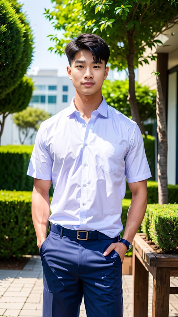 Masterpiece, best quality, High quality, วอลล์เปเปอร์ CG unity 8k ที่มีvery detailed, depth of field, HDR,,photorealistic,very detailed, 1 man sitting on a chair, Asia, black short hair, , (Thai , white shirt), blue cargo shorts, chest muscles, Big arm muscles, blood vessel, big muscles, Broad shoulders, looking at the audience, Balancing the eyes, (Make eye contact) (outside the building:1.3)