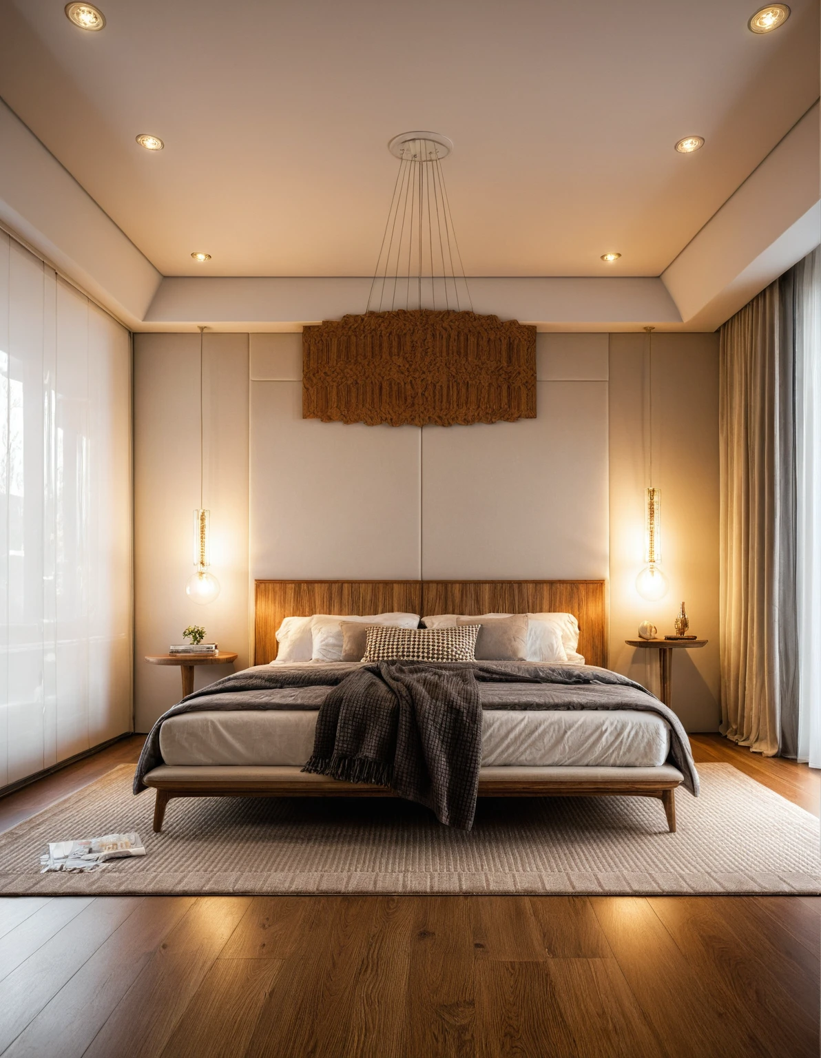 Raw photo,Masterpiece, high quality, best quality, authentic, super detail, interior, indoors, ((bedroom style modern luxury)), sunset, day light, bed, carpet, curves, bedside cabinets, wood floor ,wardrobe, glass cabinet doors, led, table lamps, chandeliers, windows, curtains, downlight, book