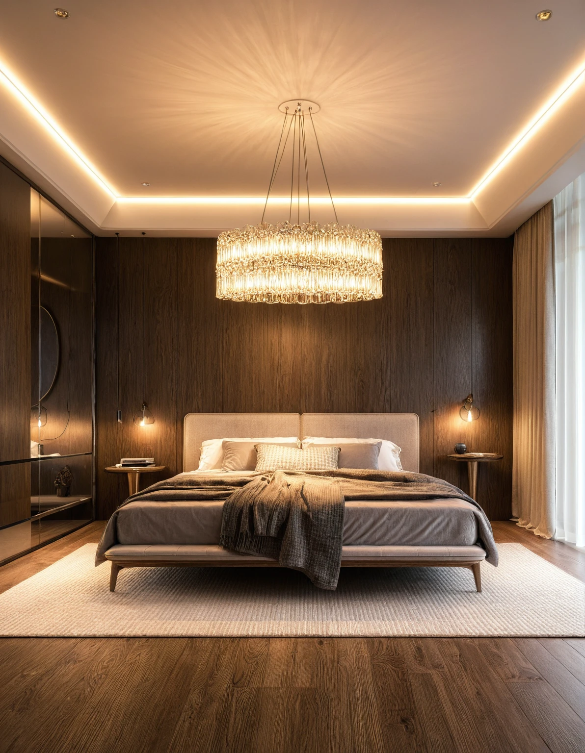 Raw photo,Masterpiece, high quality, best quality, authentic, super detail, interior, indoors, ((bedroom style modern luxury)), sunset, day light, bed, carpet, curves, bedside cabinets, wood floor ,wardrobe, glass cabinet doors, led, table lamps, chandeliers, windows, curtains, downlight, book
