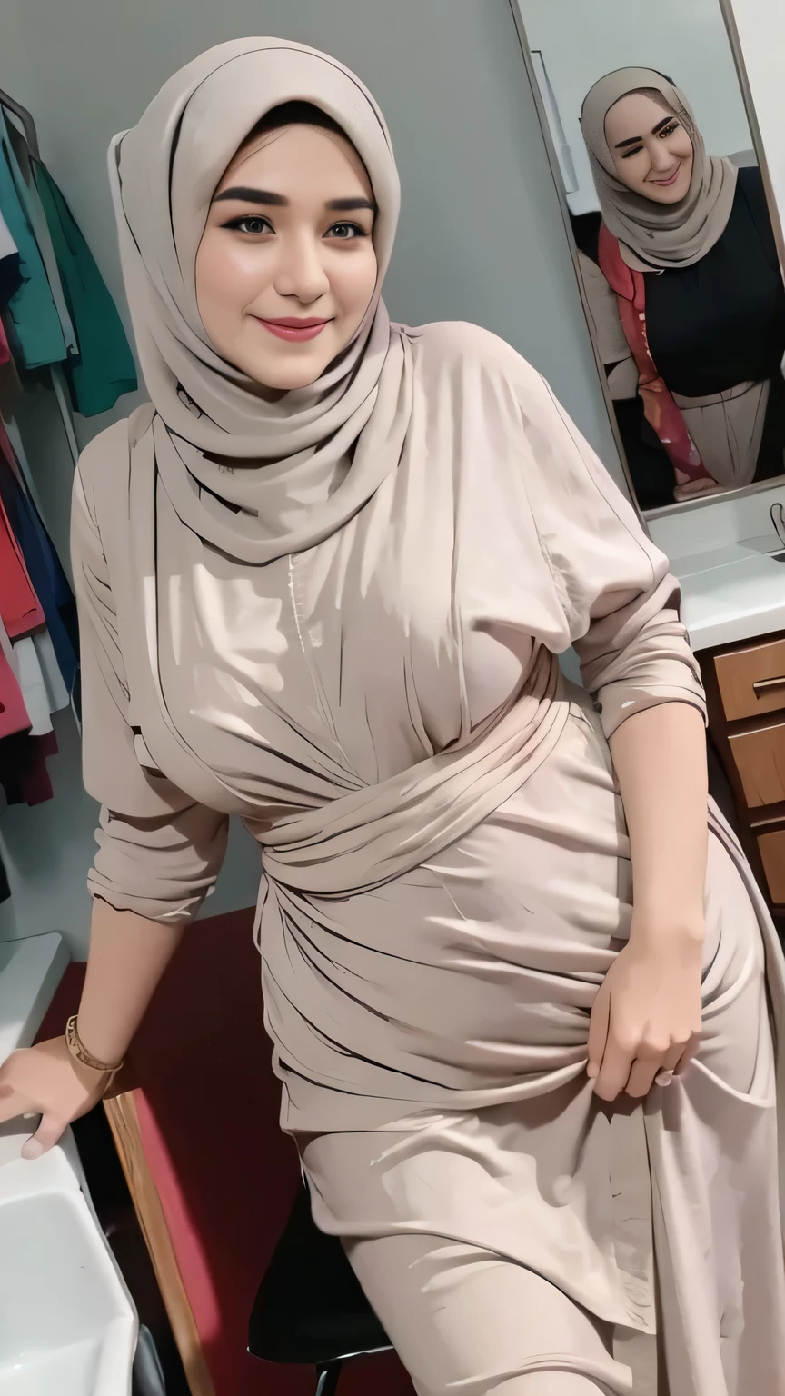 RAW, Best quality, high resolution, work: 1.3), Beautiful naked Pakistani woman in hijab , Highly detailed CG Unity 8k wallpaper, top quality, super detailed, masterpiece, realistic, photorealistic, highly detailed cute girl, 25 years old, kitchen detailed,sweaty skin, blush, full laugh, smile, parted lips, round eyes, medium breasts, bun_head , ((erect, emerge, streak)), waist shot, ((wide hips, thick thigh, protruding ass)), (ass countour and vulva vagina can be seen ), perfect hourglass figure detailed, naughty face detailed, seductive